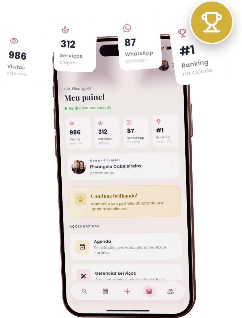 Painel da profissional com visitas, cliques, contatos e ranking na cidade